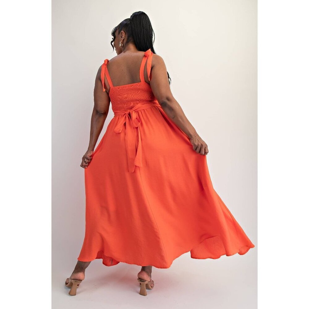 Orange Plus Size Tie Shoulder Woven Midi Dress - Picture 5 of 6